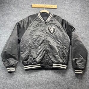 Vintage Raiders Chalk Line Satin Bomber Jacket Black Silver Men Large Snap Front
